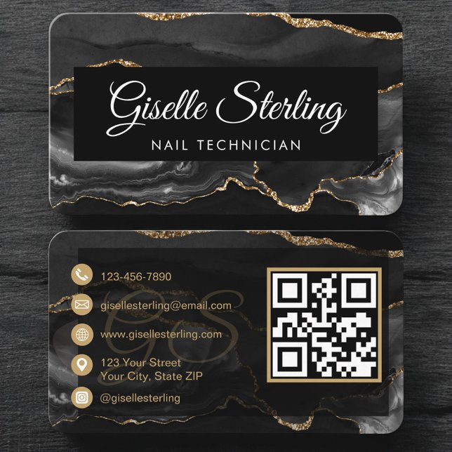 Carte De Visite Luxury Nail Technician Black Gold QR Code (Créateur téléchargé)