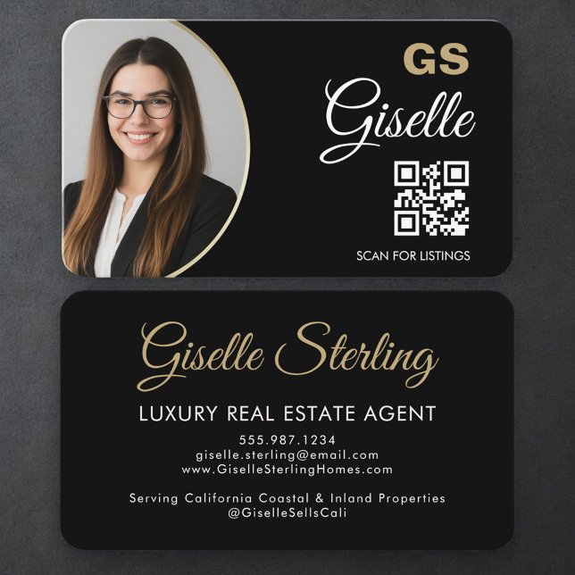 Carte De Visite Luxury Real Estate Agent QR Code Black Gold Photo  (Créateur téléchargé)