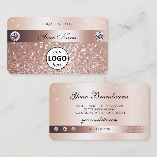 Carte De Visite Luxury Rose Gold Glitter Sparkling Stars with Logo (Devant / Derrière)