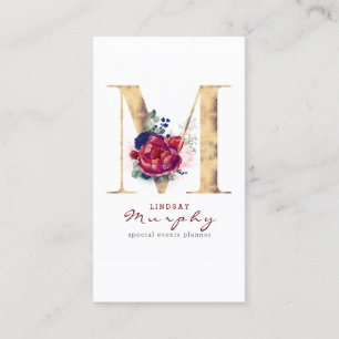 Carte De Visite M Monogram Burgundy Gold et Navy Blue Floral