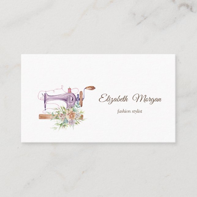 Carte De Visite Machine à coudre florale à aquarelle simple (Devant)