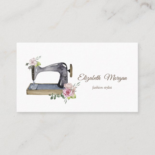 Carte De Visite Machine à coudre florale à aquarelle simple (Devant)