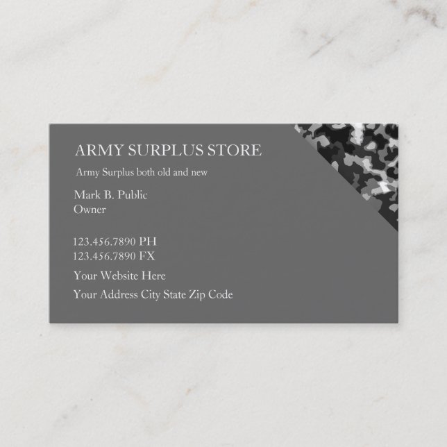 Carte De Visite Magasin de détail en surplus d'armée (Devant)