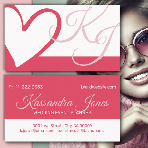 Carte De Visite Magenta Blanc Calligraphique Coeur Monogramme Init