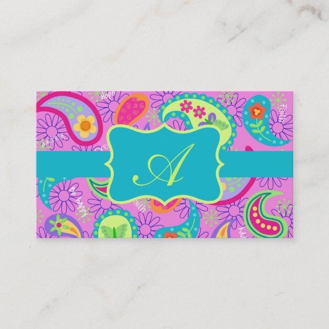 Carte De Visite Magenta rose Turquoise moderne Paisley Monogramme (Devant)