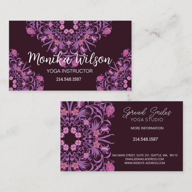 Carte De Visite Magenta rose violet mandala artistique (Devant / Derrière)