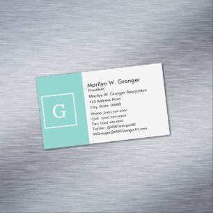 Carte De Visite Magnétique Aqua Turquoise White Framed Initial Monogram
