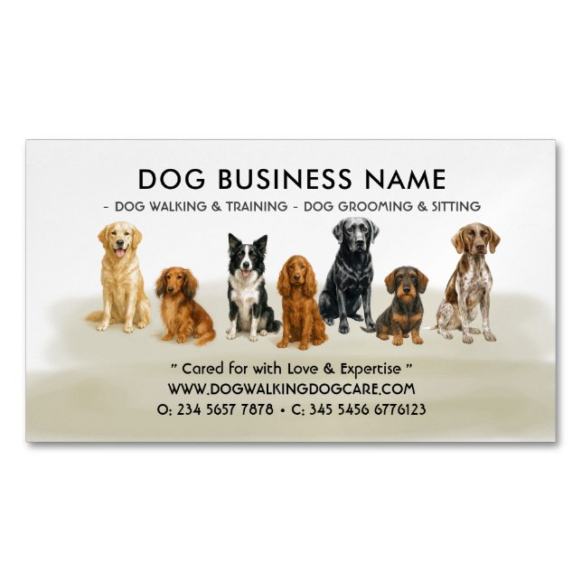 Carte De Visite Magnétique Aquarelle Chien Grooming Marche Assis Embarquement (devant)