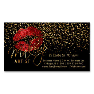 Carte De Visite Magnétique Artiste de maquillage avec Confetti Or & Lèvres ro