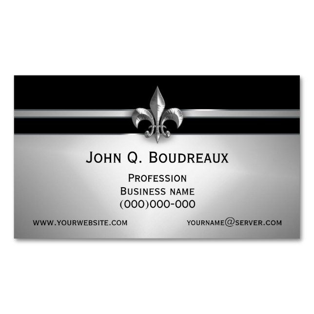 Carte De Visite Magnétique Black Fleur de Lis argenté moderne (devant)