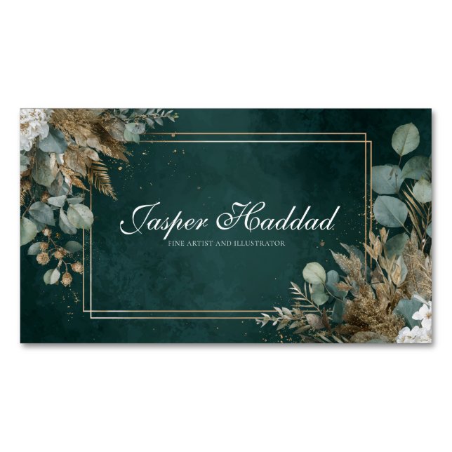 Carte De Visite Magnétique Bohemian Hunter Green Gold Botanical Frame (devant)
