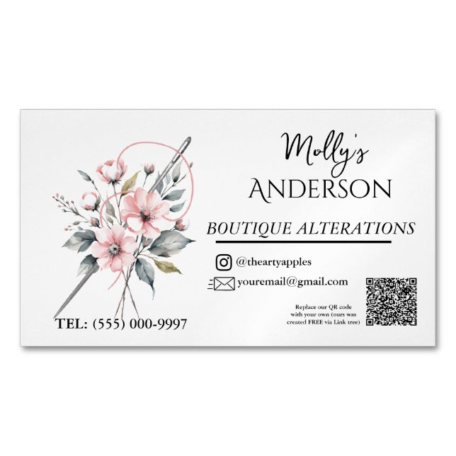 Carte De Visite Magnétique Boutique florale rose Couture & Altérations (devant)