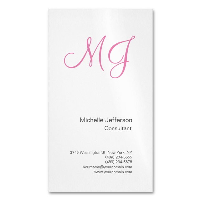 Carte De Visite Magnétique Calligraphie unique Monogramme Paraphe rose blanch (devant Vertical)