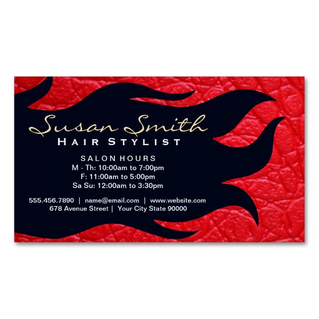 Carte De Visite Magnétique Cheveux | Cuir rouge | Salon (devant)