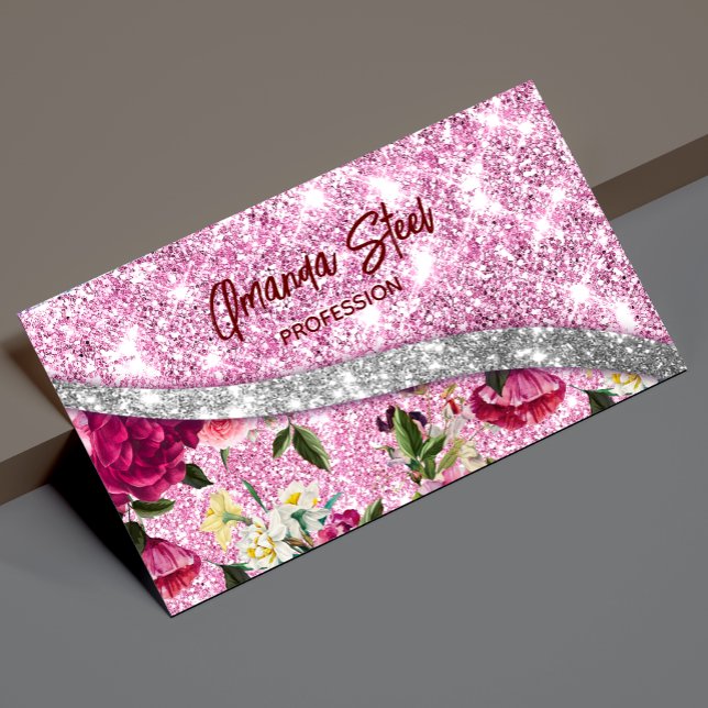 Carte De Visite Magnétique Chic floral glittery Purple rose argent monogramme (Créateur téléchargé)