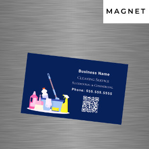 Carte De Visite Magnétique Code QR bleu marine du service de nettoyage