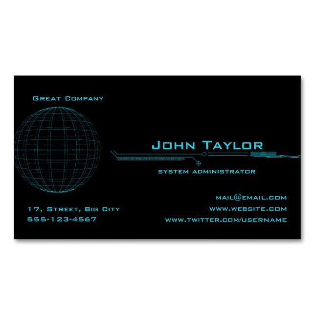 Carte De Visite Magnétique Cyber bleu au néon de sphère (devant)