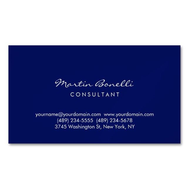 Carte De Visite Magnétique Dark Blue White Minimalist Script Plain Simple (devant)