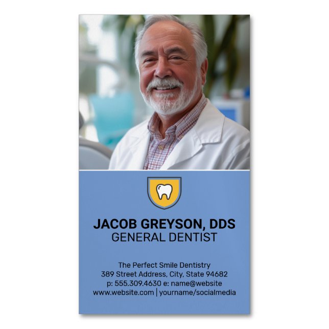 Carte De Visite Magnétique Dentiste souriant | Icône Bouclier dentaire (devant Vertical)