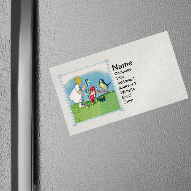 Carte De Visite Magnétique Fille Pâques Lilly Elfes Gnome Chantant Panier d'o (Little girl, gnomes red hats, bird,  flowers, easter eggs in fancy frame on magnetic business cards.)