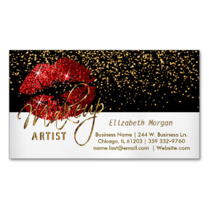 Carte De Visite Magnétique Gold Confetti & Lèvres rouges - Artiste maquillag
