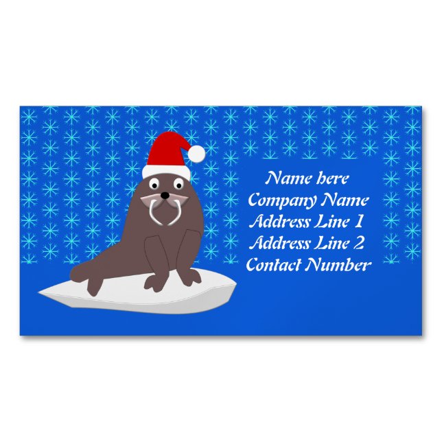 Carte De Visite Magnétique Joli Walrus de Noël et Snowflakes (devant)