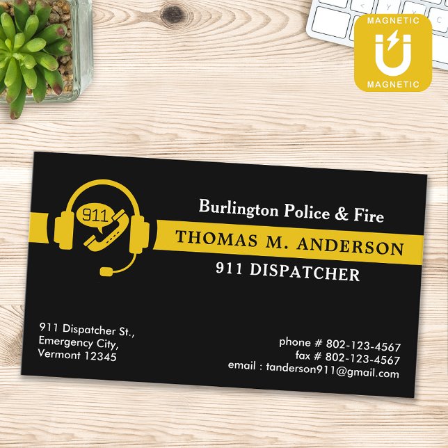 Carte De Visite Magnétique Logo d'urgence Dispatcher Custom Thin Gold Line (Créateur téléchargé)