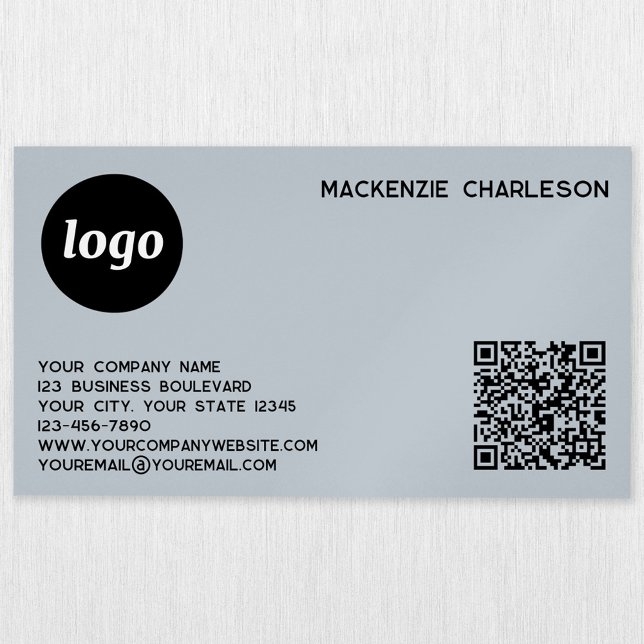 Carte De Visite Magnétique Logo simple et code QR Poudre bleu (Logo with QR code and custom text blue business card magnet)