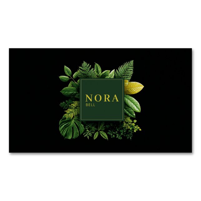 Carte De Visite Magnétique Lush Green Foliage Black Gold Frame Botanical (devant)