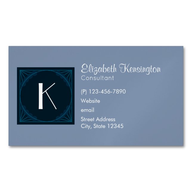 Carte De Visite Magnétique Monogramme Carré bleu Art déco (devant)