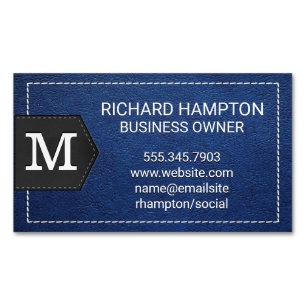 Carte De Visite Magnétique Monogramme Cuir bleu pointillé et Patch