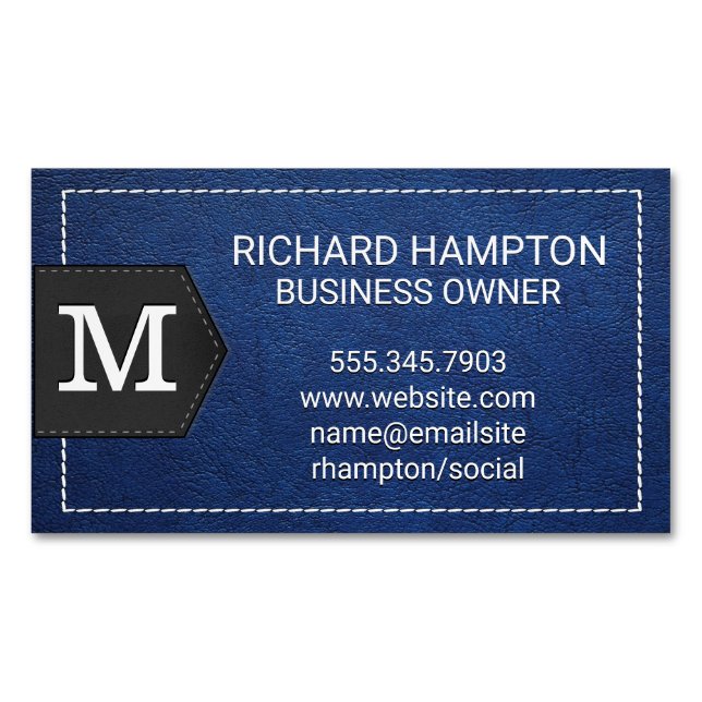Carte De Visite Magnétique Monogramme | Cuir bleu pointillé et Patch (devant)