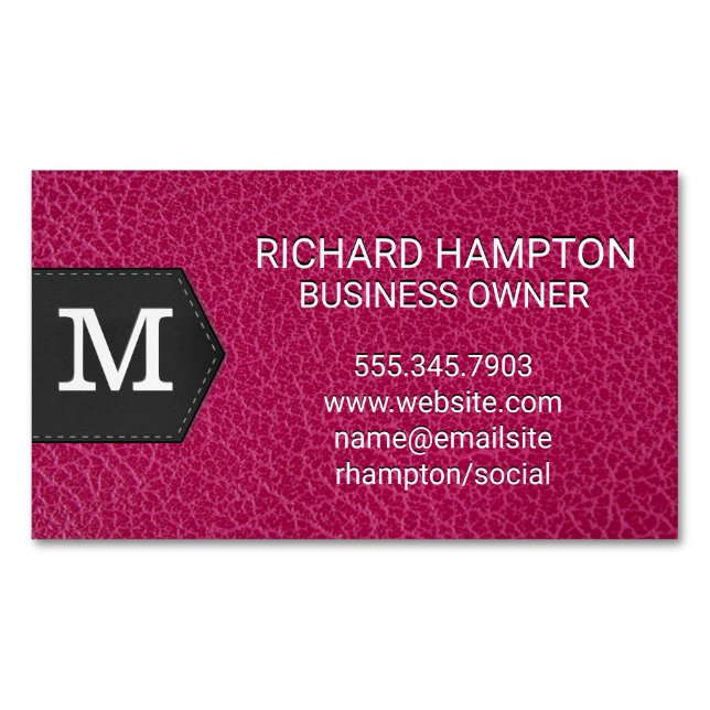 Carte De Visite Magnétique Monogramme | Cuir rose et Patch (devant)