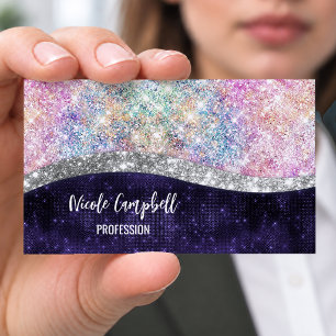Carte De Visite Magnétique monogramme faux pailleté argent violet iridescent