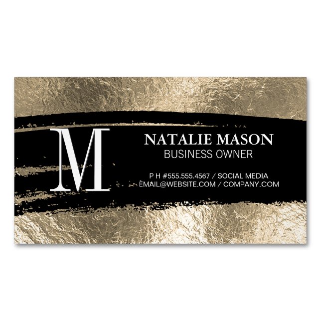 Carte De Visite Magnétique Monogramme noir brossé | Fond d'or (devant)