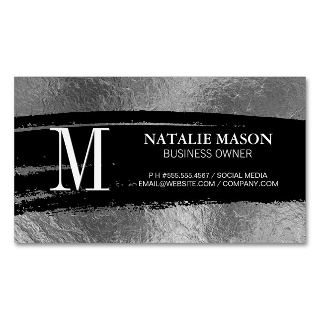 Carte De Visite Magnétique Monogramme noir brossé | Huile d'argent (devant)
