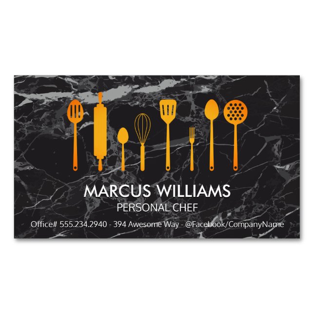 Carte De Visite Magnétique Outils de cuisine | Marbre noir (devant)