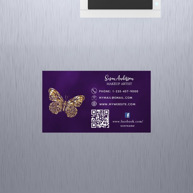 Carte De Visite Magnétique Papillon d'or violet code QR Facebook (Créateur téléchargé)