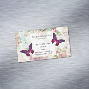 Carte De Visite Magnétique Papillon rose et Roses Vintages de Shabby