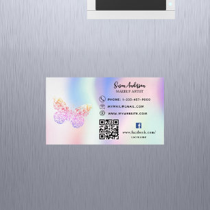 Carte De Visite Magnétique Papillon rose holographique code QR Facebook