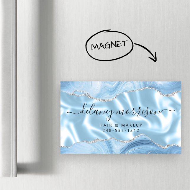 Carte De Visite Magnétique Pastel Blue Agate Silver Glitter Luxury (Créateur téléchargé)