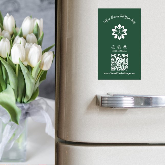 Carte De Visite Magnétique Personnalisable Où Les Fleurs Racontent Votre Hist (Customizable Where Flowers Tell Your Story Business Card Magnet, Green & White Logo, Social, QR code)
