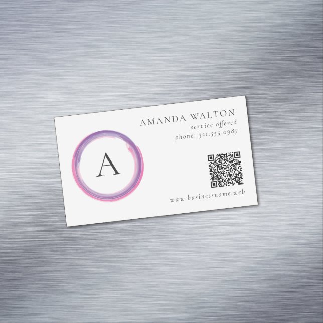Carte De Visite Magnétique Pink and Purple Monogram QR Code Modern (In Situ)