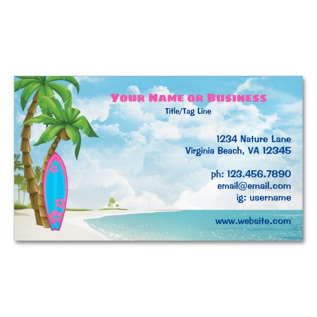 Carte De Visite Magnétique Plage tropicale surf et palmiers (devant)