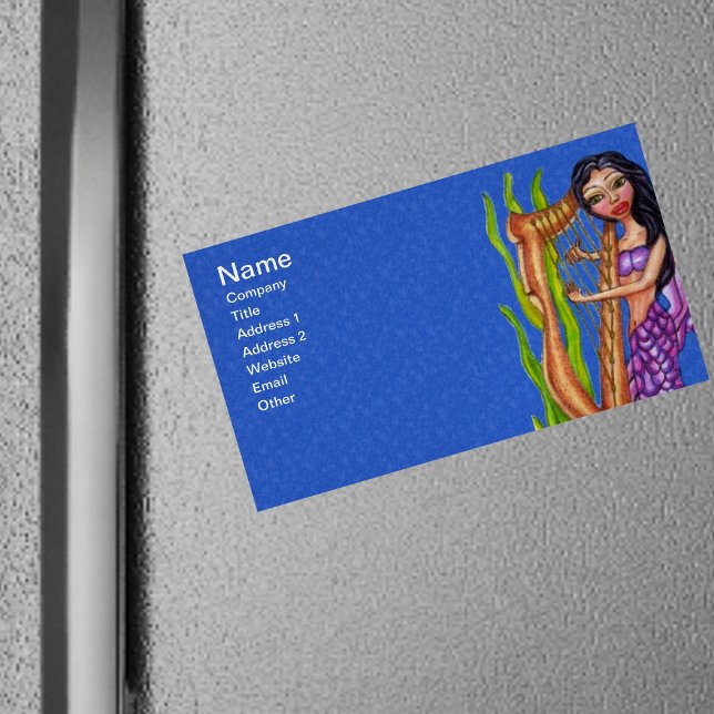 Carte De Visite Magnétique Plutôt sombre Haired Purple Mermaid Harp Océan (Mermaid purple tail green seaweed playing harp on dark blue magnetic business cards.)