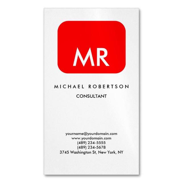Carte De Visite Magnétique Qualité Rouge Blanc Monogramme Élégant Unique (devant Vertical)