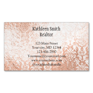 Carte De Visite Magnétique Rose Gold Damassé Élégant Féminin