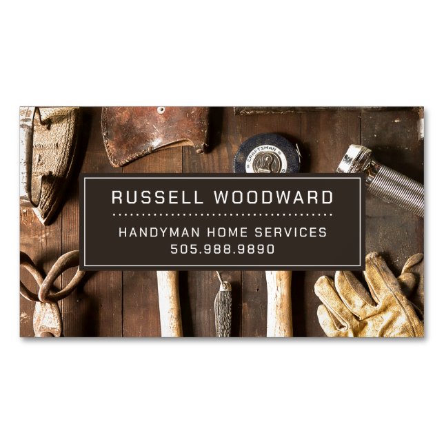 Carte De Visite Magnétique Rustique Handyman Carpenter Outils De Commerce (devant)