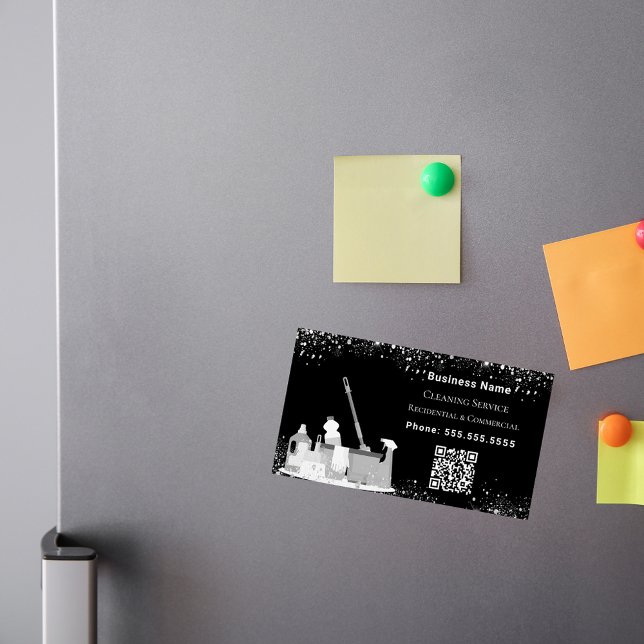 Carte De Visite Magnétique Service de nettoyage noir argent parties scintilla (Créateur téléchargé)
