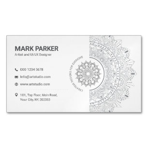 Carte De Visite Magnétique Studio d'art de mandala élégant blanc Créatif